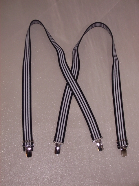 BLACK, WHITE, BLACK "X" Style 1" wide x 25" long. Entirely Stretchable Suspenders, to fit Toddlers, 9 to 24 months old or 20" to 38" tall. Has 4 Strong 1/2"x 1" CHROME CLIPS with Nylon Teeth and has 2 adjusters in front.    PC260N25BWB